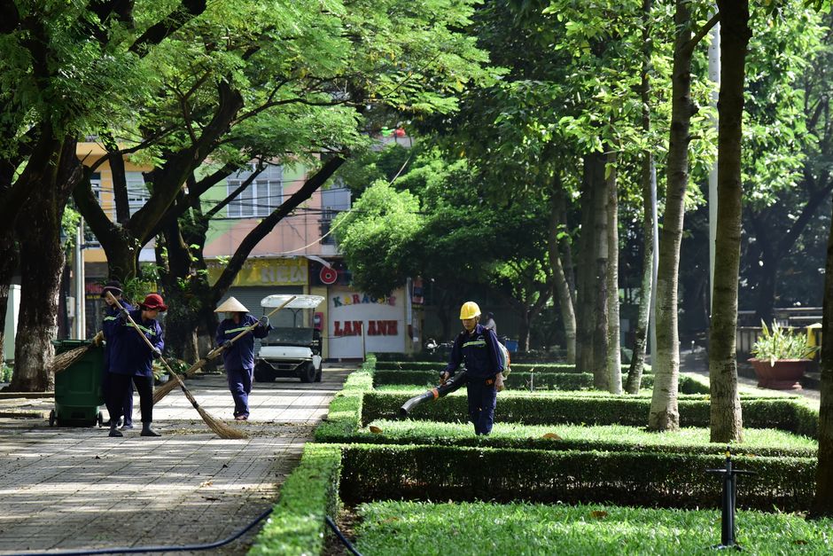 A group of professional gardeners demonstrating landscaping work in a landscaped urban park near Mayow Park, with neatly trimmed hedges and a row of evenly spaced trees providing shade. The gardeners