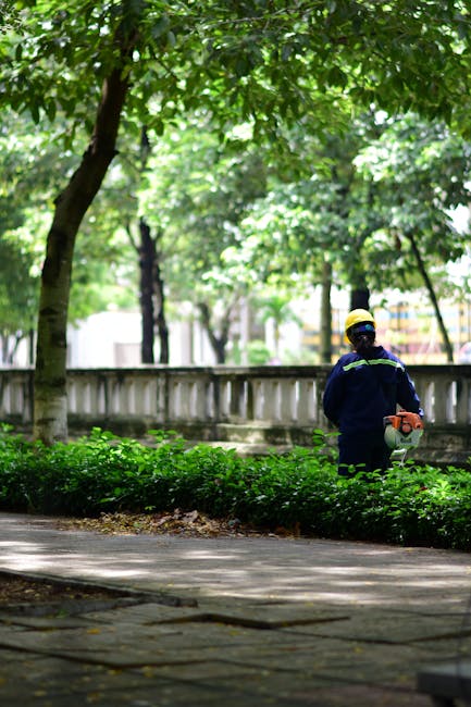 A group of professional gardeners demonstrating landscaping work in a landscaped urban park near Mayow Park, with neatly trimmed hedges and a row of evenly spaced trees providing shade. The gardeners